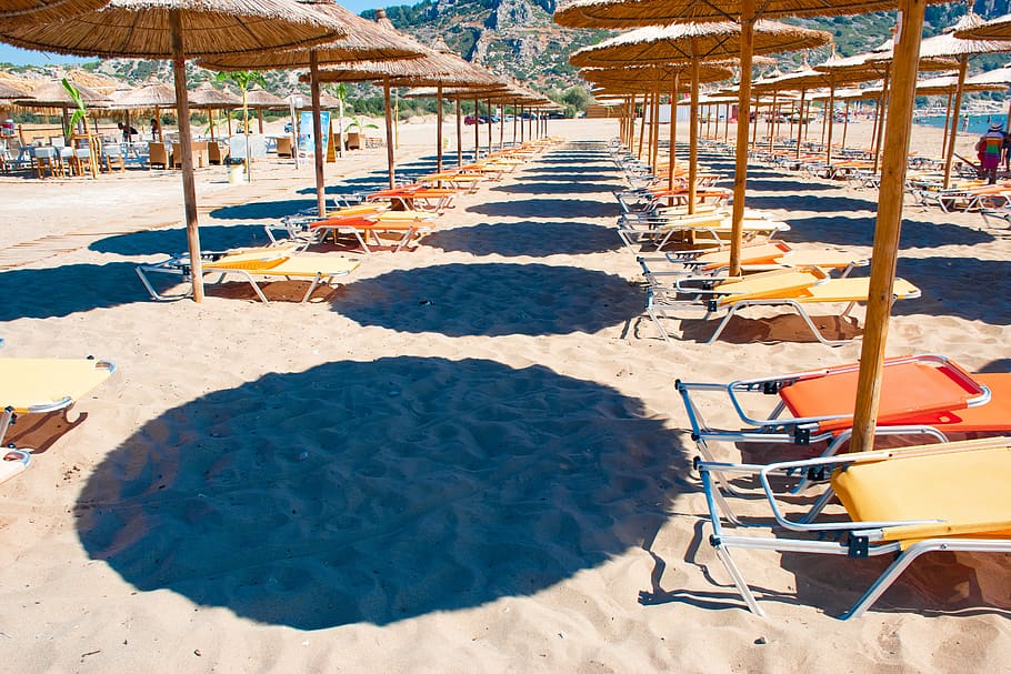 praia, guarda-chuvas, recurso, relaxamento, verão, mar, férias, areia, banhos de sol, relaxar
