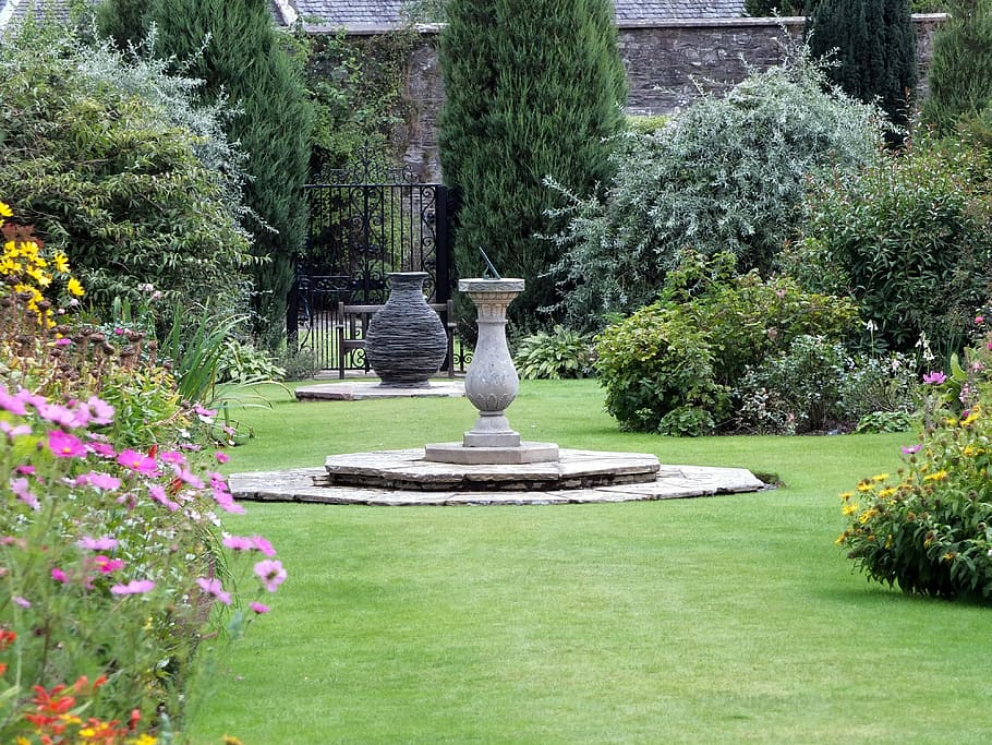 round, white, concrete, floor vase, placed, garden, urn, plants, slate, sundial