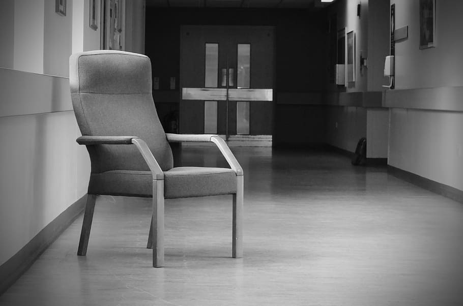grayscale photo, armchair, window, chairs, chair, hall, corridor, building, inside, lonely