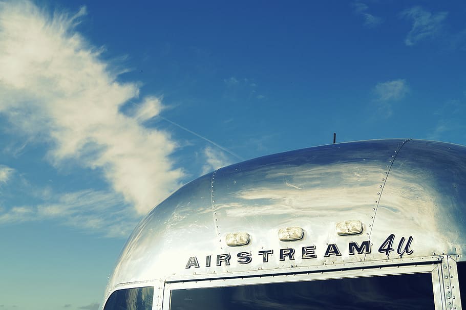 airstream, caravan, mobile home, classic, air, sky, clouds, metal, american, lifestyle