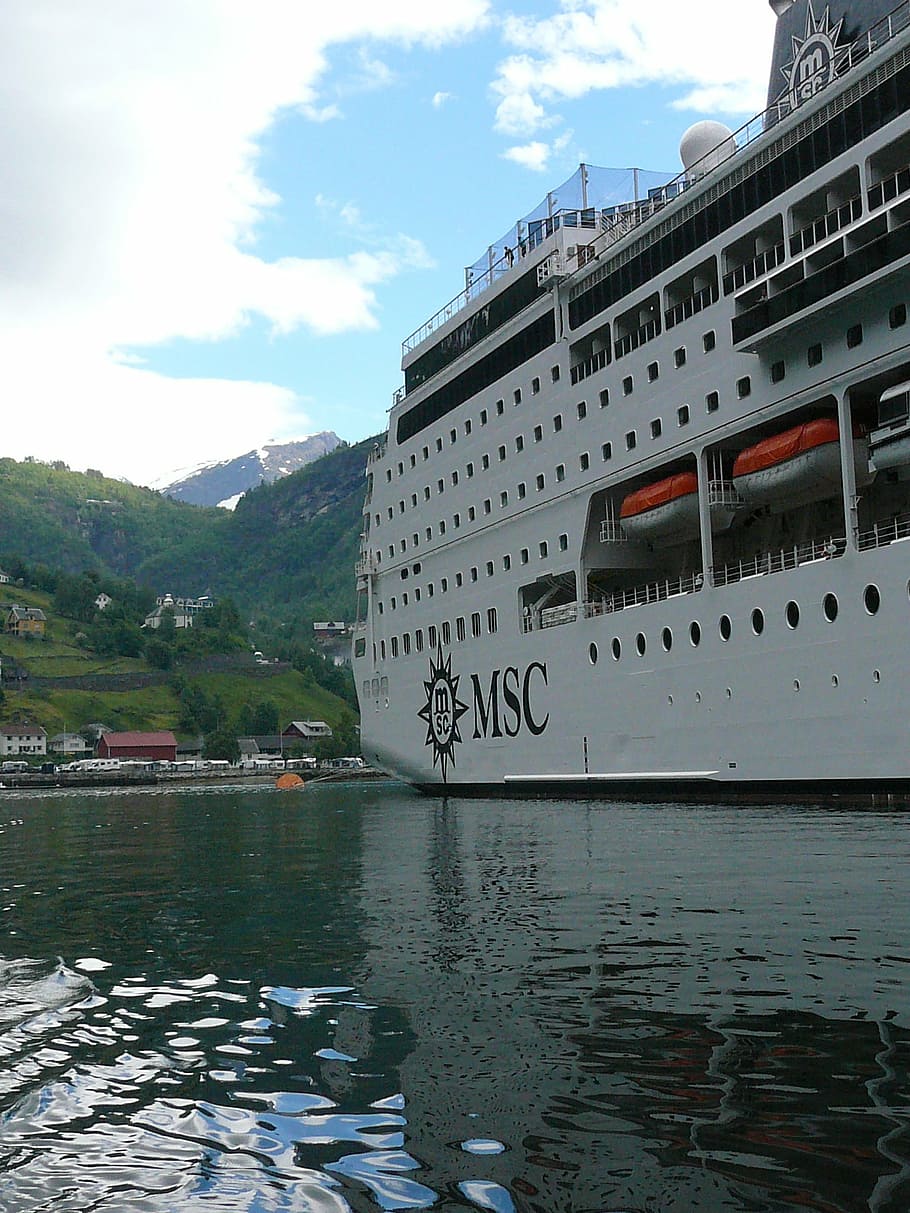 geirangerfjord, fjord, norway, ship, cruise ship, large, scandinavia, ship travel, msc, sinfonia