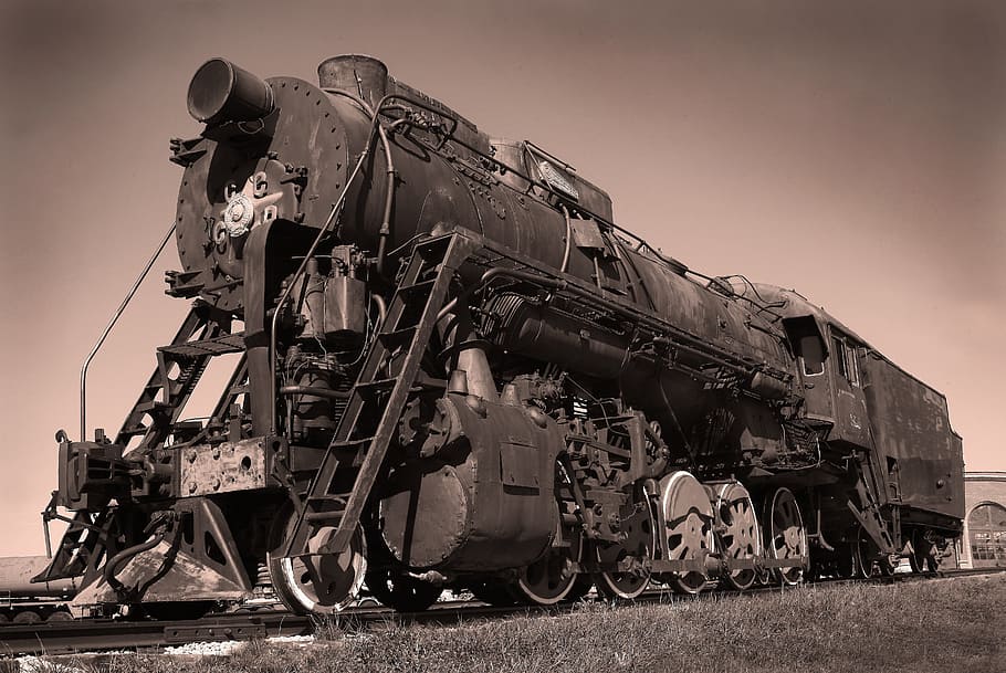 grayscale photography, train, retro, steam locomotive, technique, railway, museum, locomotive, lebedyanka, mode of transportation