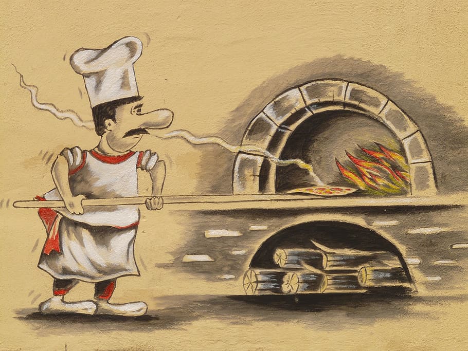 painting, chef cooking pizza, chef, pizza, pizza maker, pizzeria, pizza oven, bake, drawing, cooking