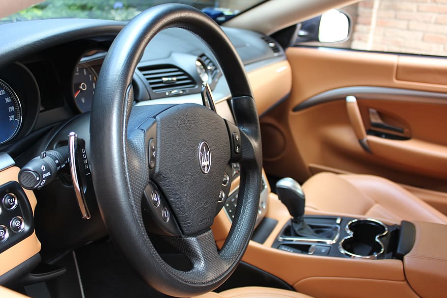 black, maserati vehicle steering wheel, Maserati, Cars, Interior, butterfly change, steering wheel, dashboard, car, land vehicle
