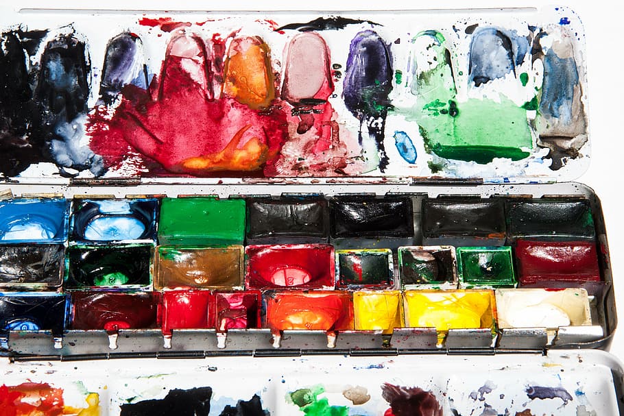 assorted paints, watercolor box, color, color wells, malkasten, color blends, colorful, mix, paint, multi Colored
