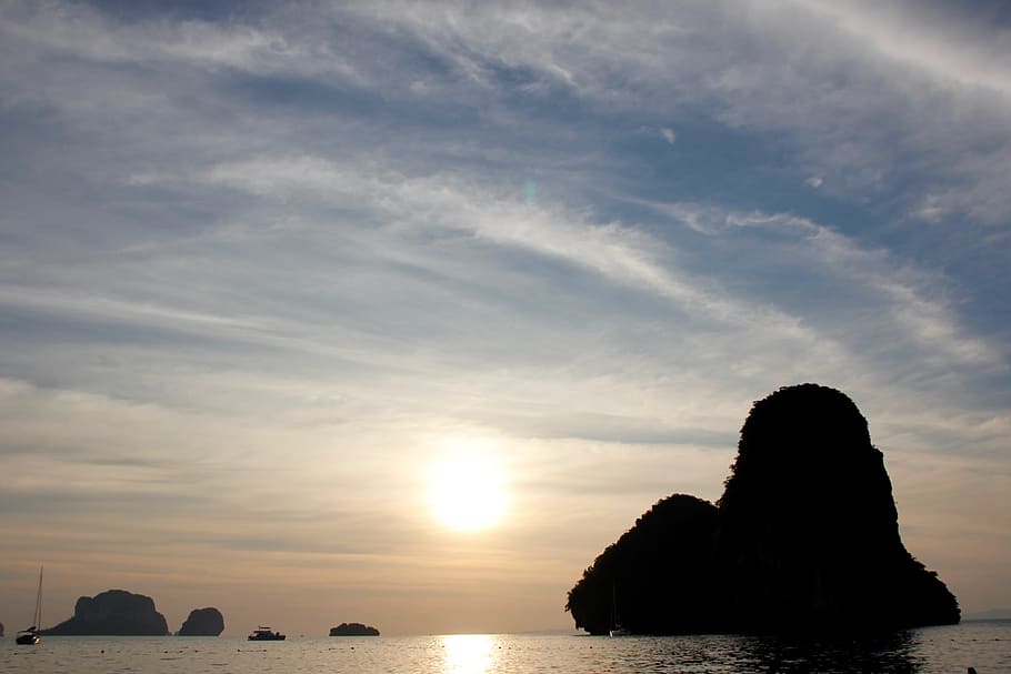 matahari terbenam, thailand, batu, alam, laut, air, liburan, pemandangan, indah, dipesan
