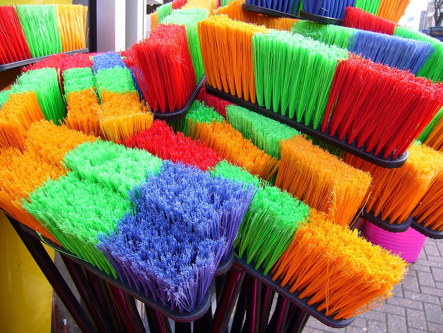assorted-color brush lot, brooms, sweeping, household, cleaning, broom, colorful, bright, display, multi Colored
