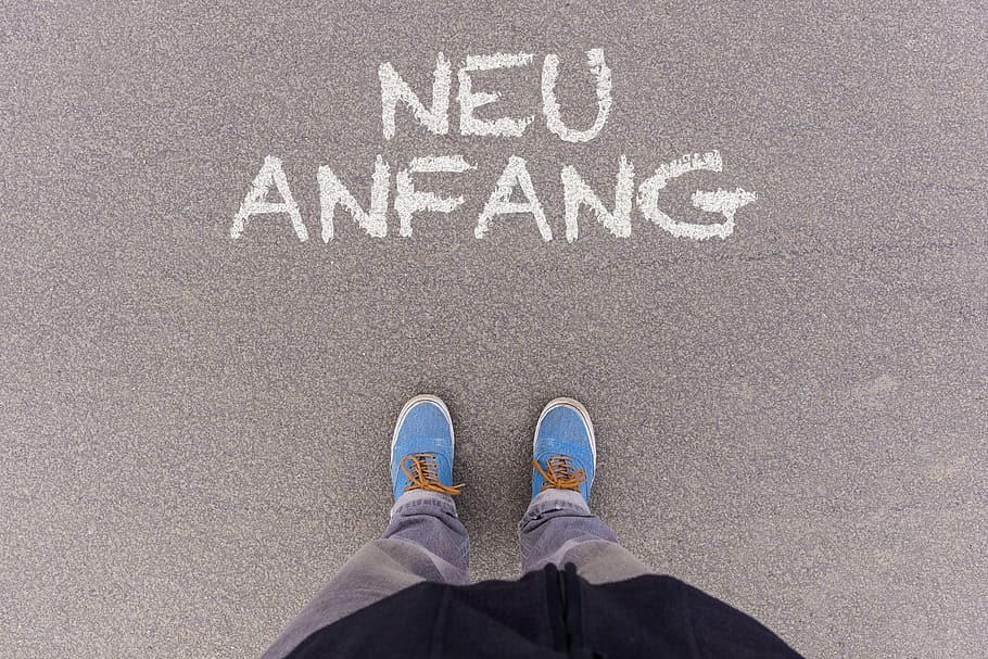 neu anfang road sign, new, start, fresh, german, words, text, letters, beginning, word