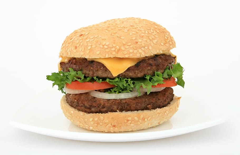 hambúrguer patty, branco, placa, apetite, carne de bovino, grande, pão, bolo, hambúrguer, calorias
