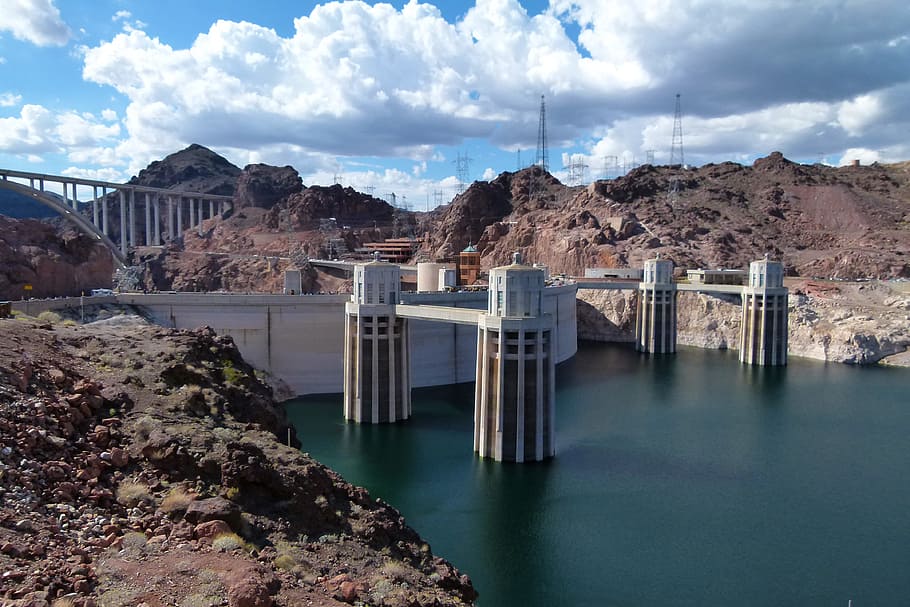 lake, mead, hoover dam, nevada, usa, dam, water, building, reservoir, power plant
