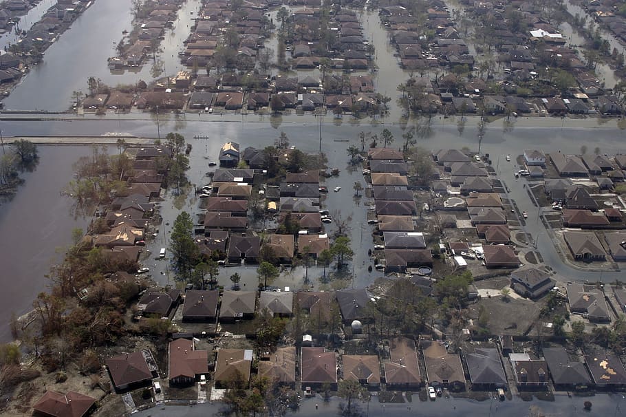 aérea, fotografia, cidade, furacão katrina, inundações, nova orleans, após o furacão katrina, danos, devastação, helicóptero