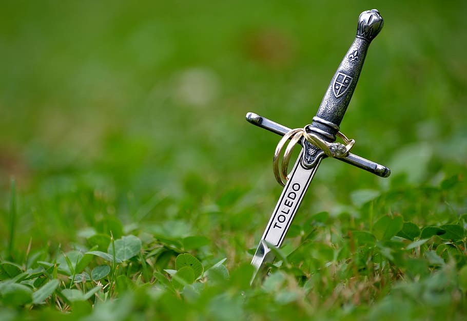 silver-colored sword, green, grass, sword, rings, marriage, medieval, knight, history, old