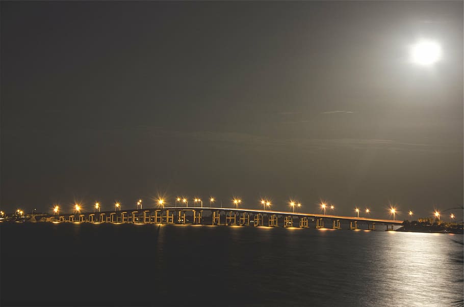 lighted, posts, gray, metal bridge, photography, bridge, night, architecture, lights, evening