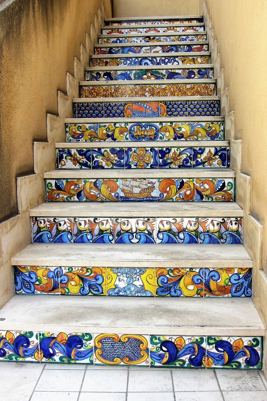 sicily, italy, trap, act, mosaic, tiles, staircase, in a row, indoors, architecture