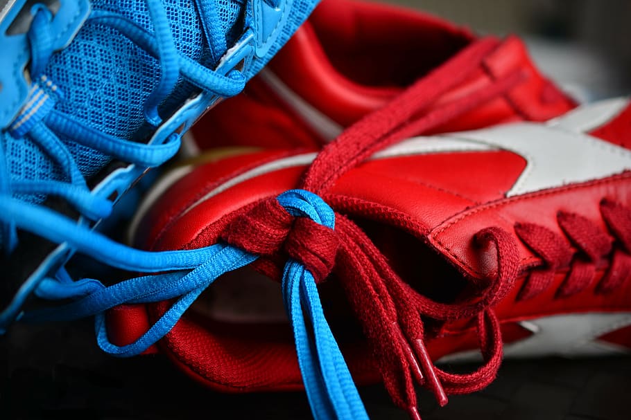 red-and-white, lace-up, athletic, shoes, shoelace, knot, knotted, together, keep together, connection