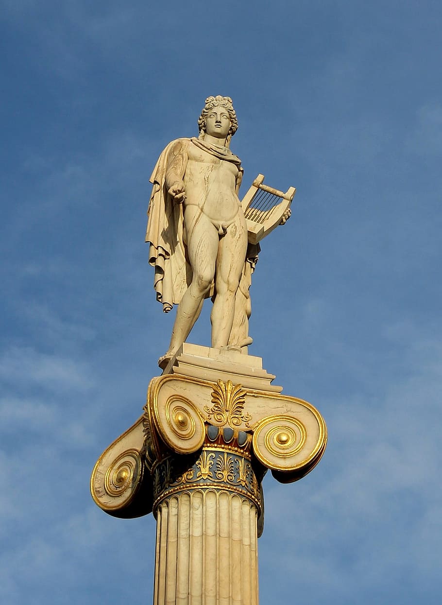 apollon, apollon-pillar, statue, athens, greek god, sculpture, art and craft, human representation, sky, low angle view