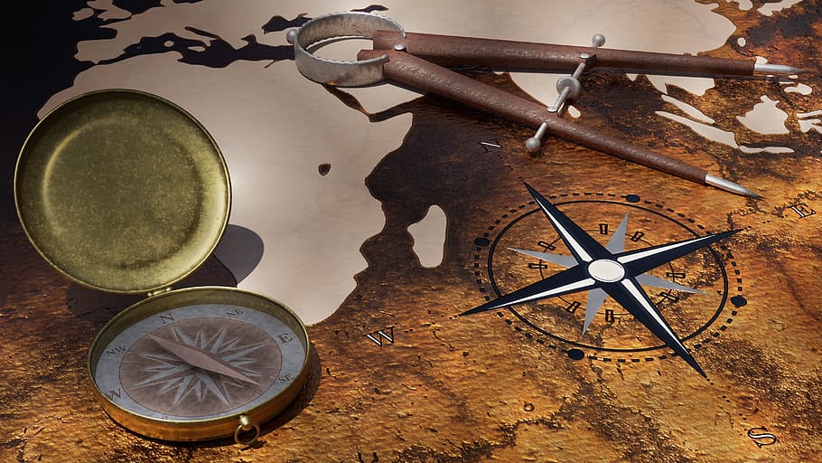navigasi, alat, coklat, permukaan, perjalanan, globetrotter, kompas, zirkel, peta dunia, 3d