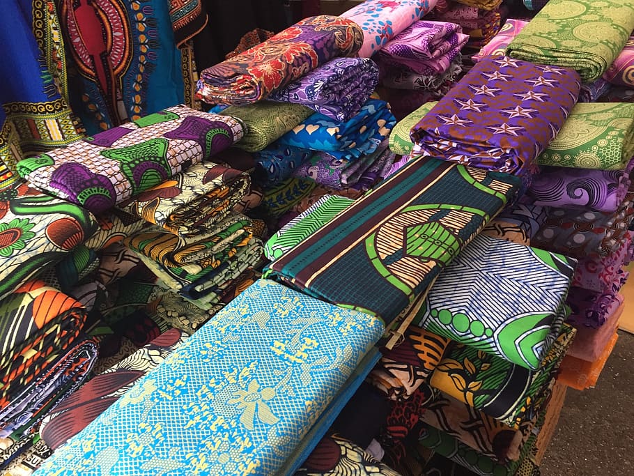 african print, ankara, ghana, textile, market, multi colored, choice, large group of objects, variation, for sale