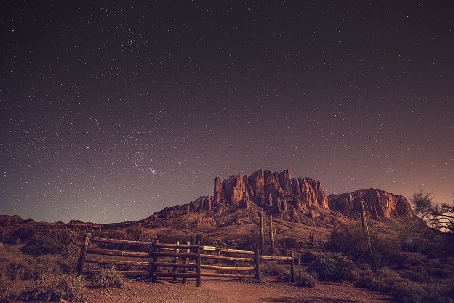 brown, rock mountain, fence, natural, night, sky, stars, landscape, scenic, nature