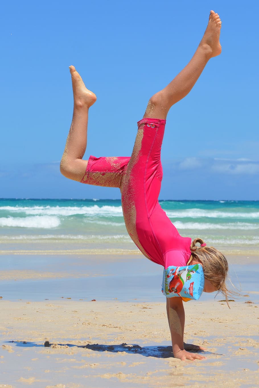 girl handstanding, seashore, Child, People, Girl, Sea, Ocean, uv-resistant clothing, handstand, beach