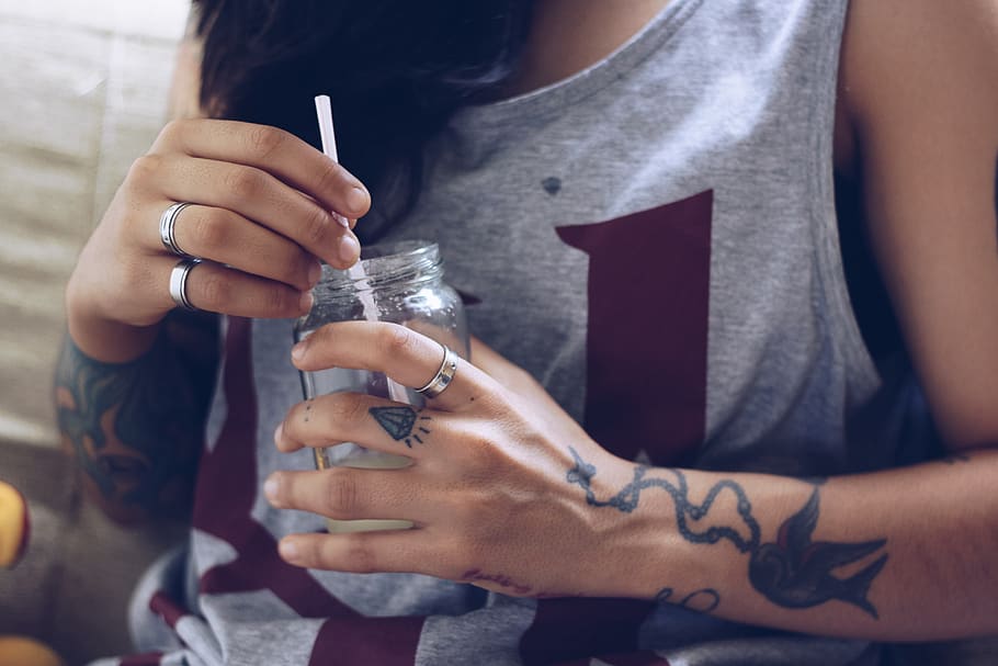 people, woman, girl, female, glass, straw, drink, ring, art, arm