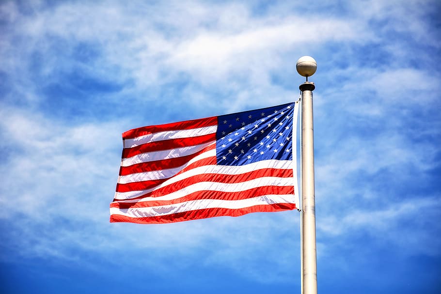 flag, american flag, red, white and blue, sky, blue, flag pole, stars, stripes, usa