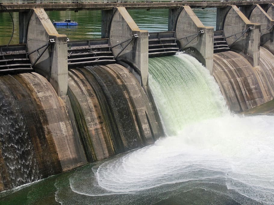 Dam, Water, Mass, Sluice, Open, water, mass, waterfall, white, green, layering