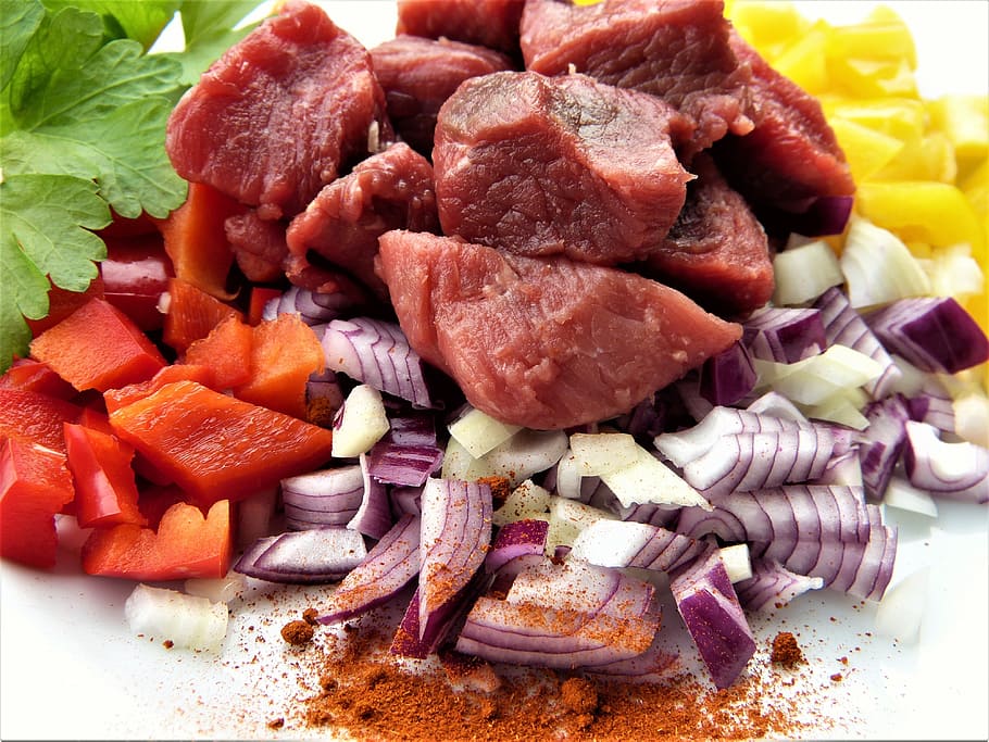 bawang cincang, daging sapi, paprika, bawang merah, peterseli, rempah-rempah, makanan, makan, daging, memasak