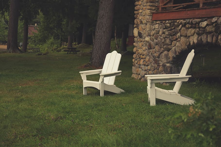 two, white, adirondack chairs, grass, lawn chairs, yard, green, summer, home, outdoor