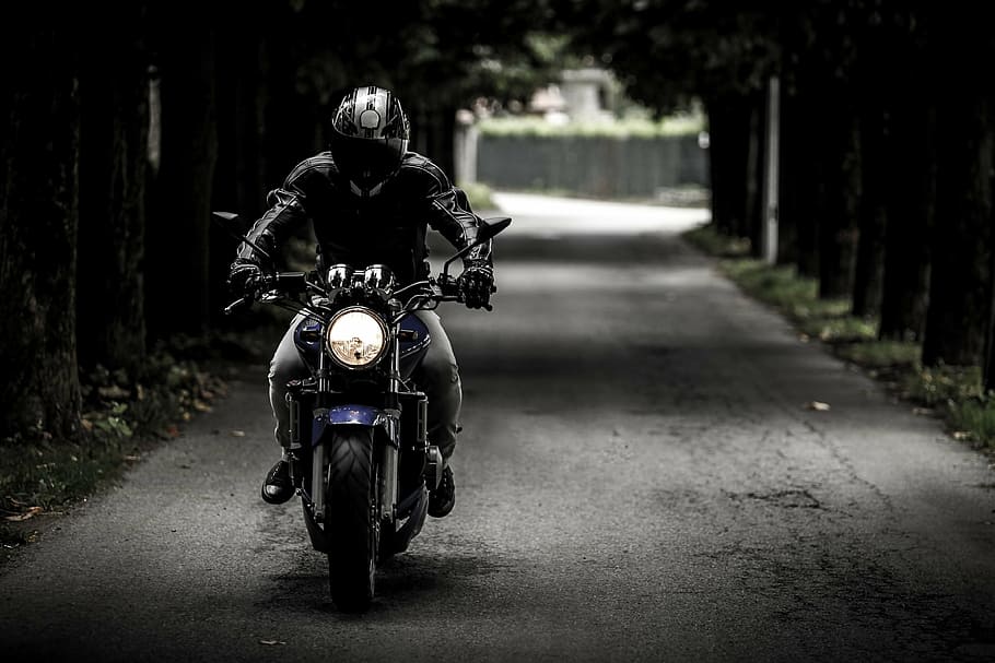 grayscale photo, man, jacket, riding, motorcycle, biker, ride, vehicle, motorbike, road