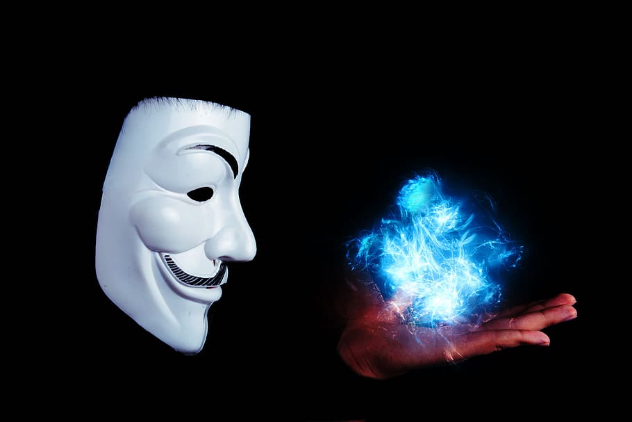 person, wearing, jay fawkes mask, blue, fire, hand, anonymous, activist, international, identity
