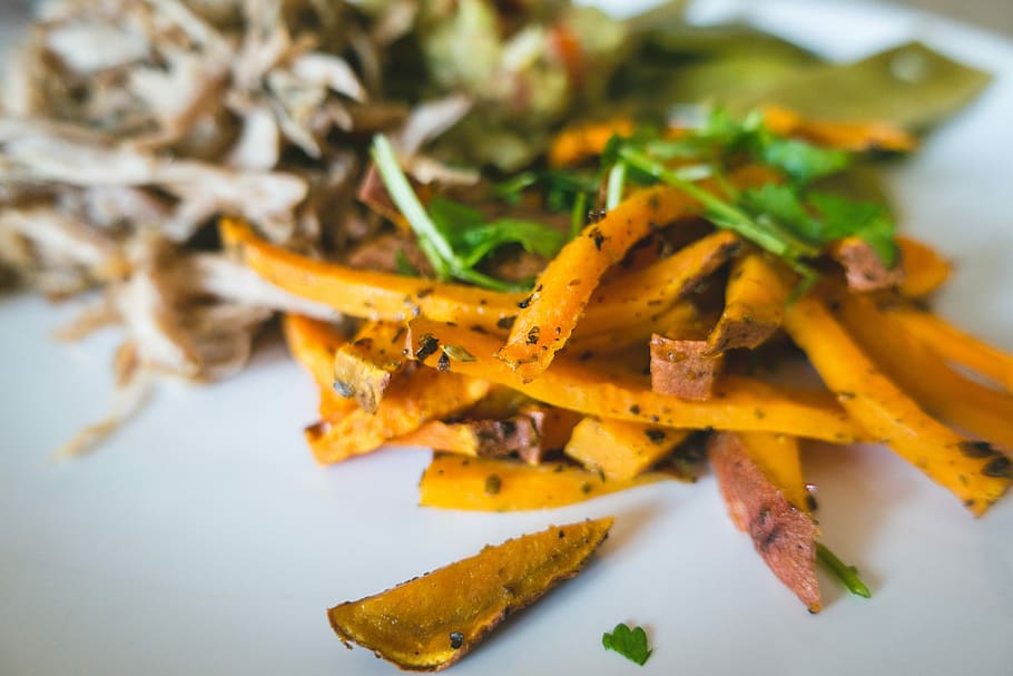 Sweet potato fries, close up, french fries, healthy, homemade, sweet potato, food, vegetable, spice, gourmet