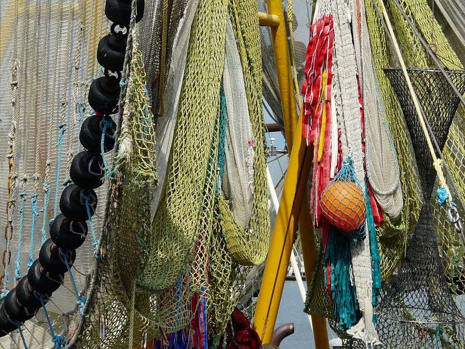 雑色の魚網, 船, 抽象, フィッシャー, 漁網, 北海, 港, 釣り, ぶら下げ, 日