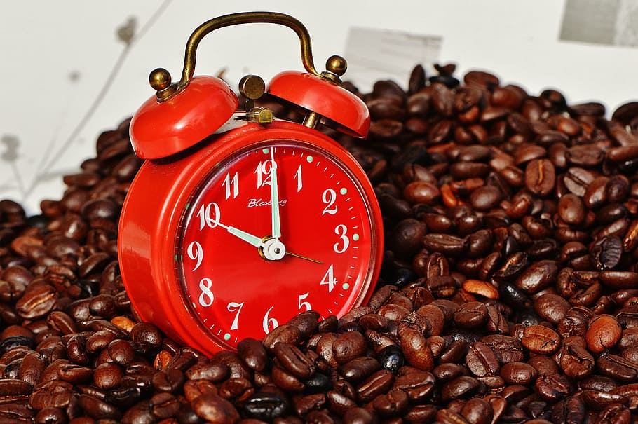 red, dual, bell, analog, desk, alarm, clock, displaying, 10:00, coffee break