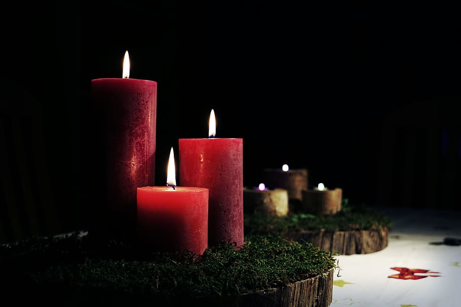 three, lighted, red, pillar candles, red pillar, candles, black, candle, candlelight, dark