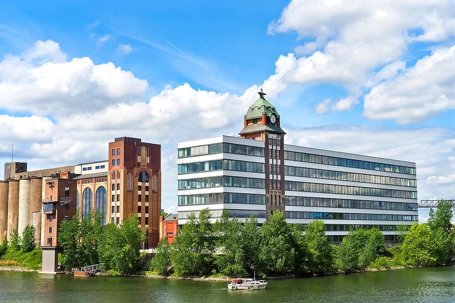 Arquitectura, Medios de comunicación, Puerto, Düsseldorf, Puerto de medios, edificio, moderno, ciudad, Rin, área del puerto