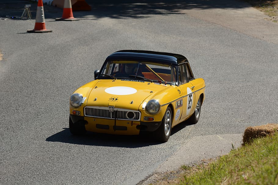 mg, yellow, race car, competition, speed, hillclimb, drive, corner, action, motorsport