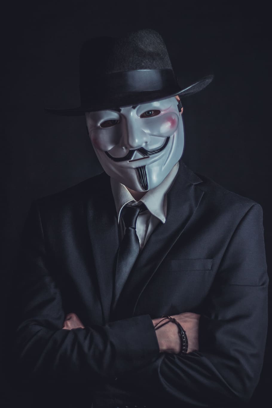 man, wearing, black, suit jacket, guy fawkes guy, v for vendetta, vendetta, anonymous, mask, head