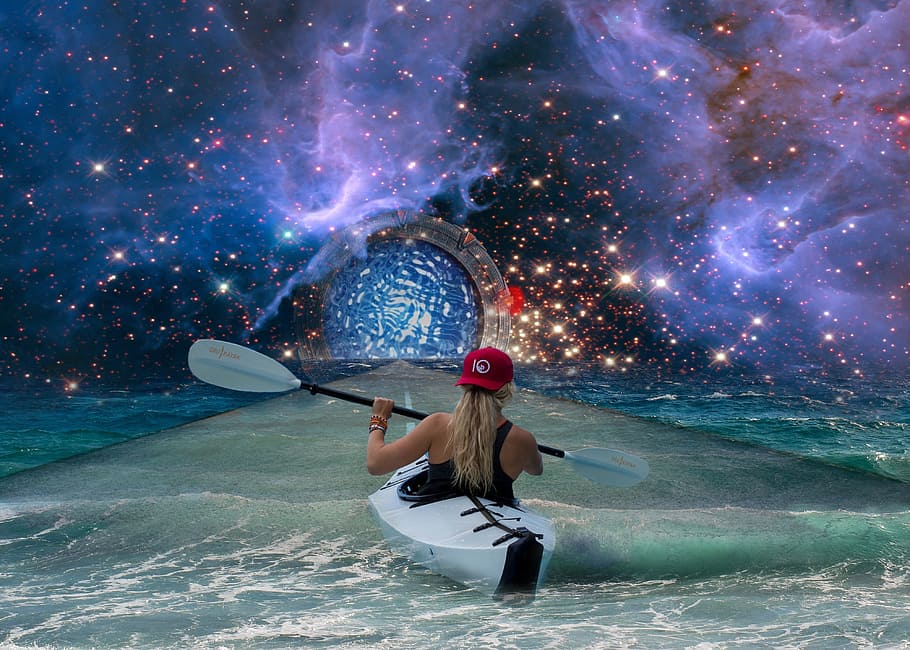 woman, riding, kayak, stargate, himmelstor, science fiction, futuristic, spaceship, travellers, time travel