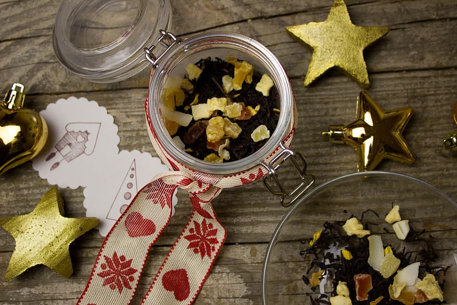 tee, hari Natal, campuran teh, kering, buah-buahan, buah kering, buah teh, hadiah, kaca, bintang