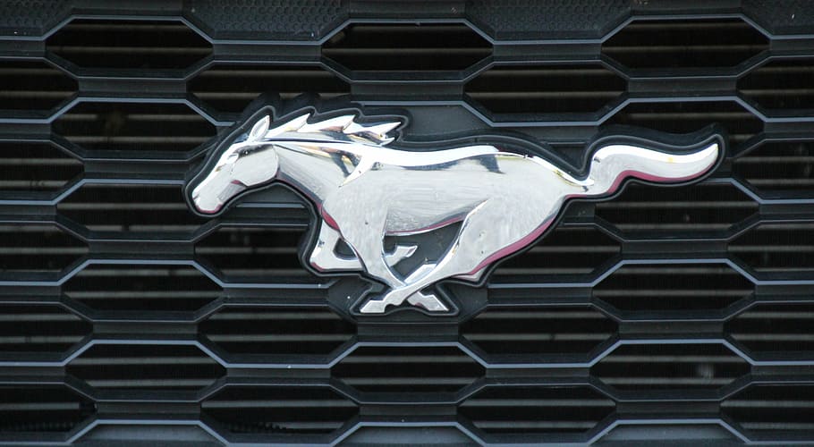Mustang, Ford, logotipo, Mustang GT, no hay gente, patrón, metal, primer plano, vehículo de motor, al aire libre