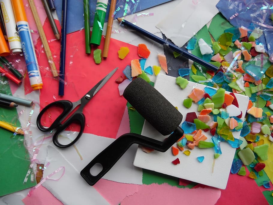 black, paint roller, scissors, colored, pencils, art supplies, art, school supplies, school, supplies
