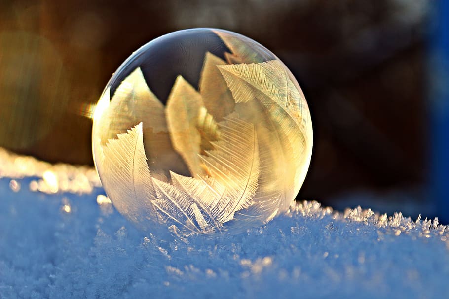 shallow, focus, clear, glass ornament, snow, soap bubble, frost, bubble, eiskristalle, winter