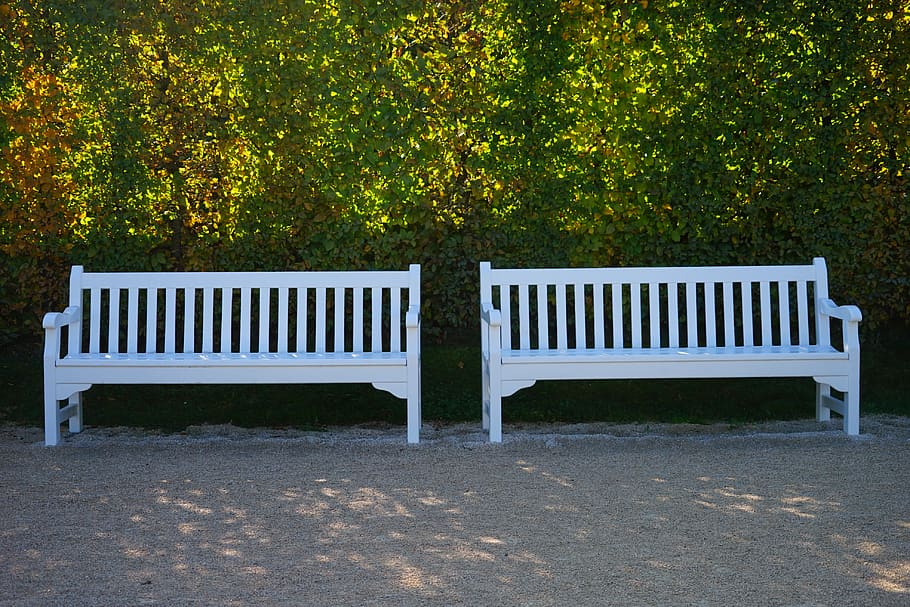 bank, white, sit down, symmetrical, park bench, two, break, rest, bush, quiet
