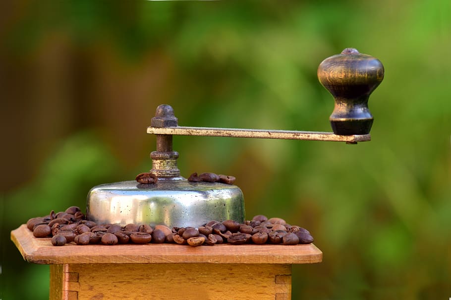 coffee, coffee grinder, mill, grind, coffee beans, historically, wood, antique, old, close