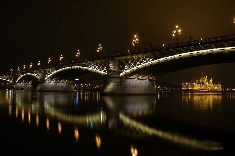Hungria, Budapeste, Cidade, Capital, iluminação, Danúbio, imagem noturna, holofote, ponte margaret, reflexão