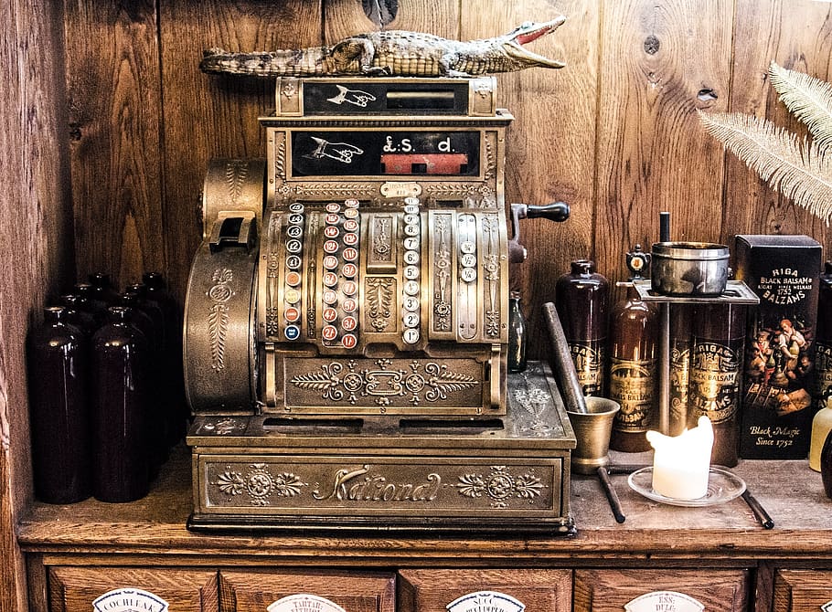 checkout, money, currency, pay, cash machines, decoration, indoors, wood - material, antique, old
