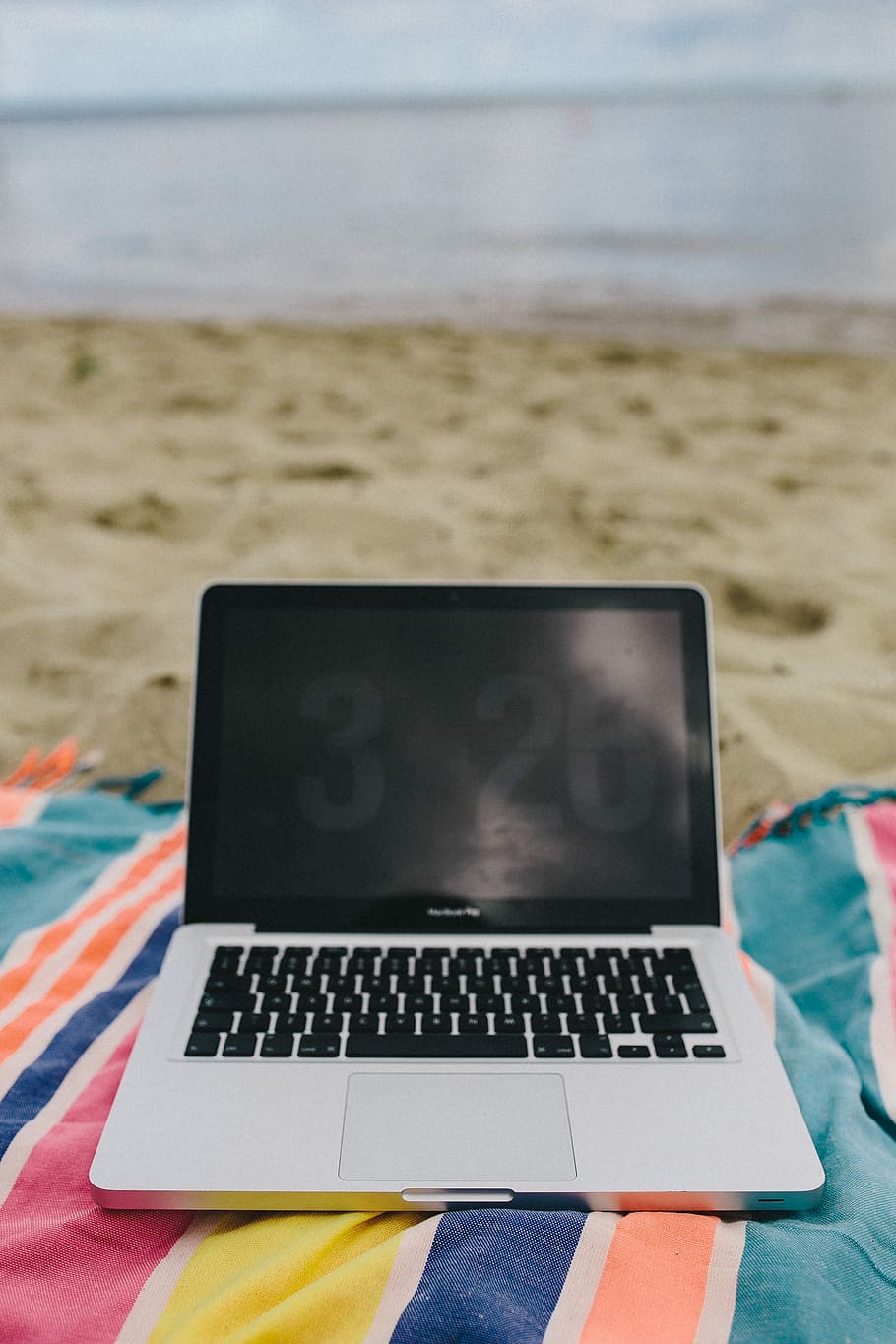 вместе, пляж, песок, лето, одеяло, каникулы, отпуск, море, портативный компьютер, компьютер