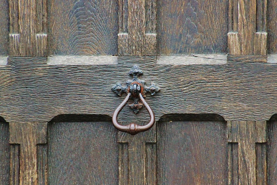 door, front door, house entrance, doorknocker, input, wood, metal fitting, door handle, ring, metal