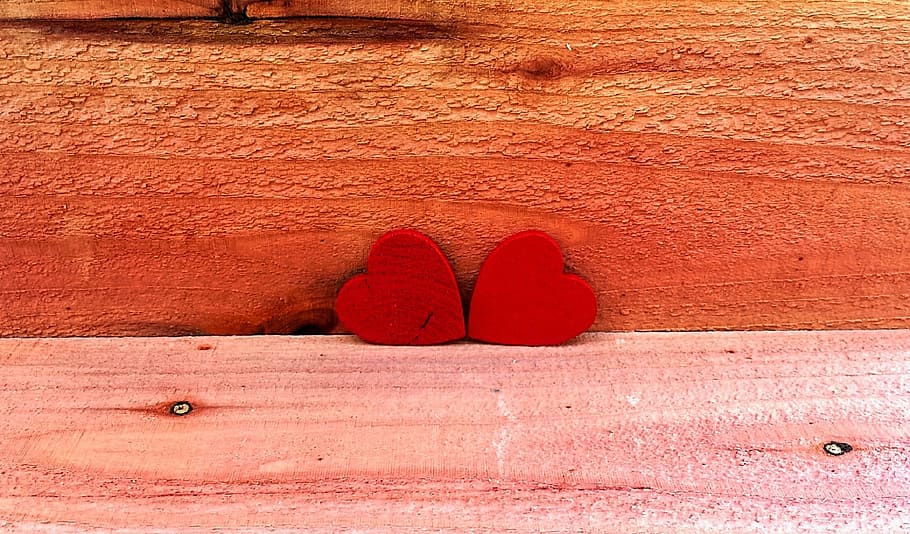 dua, merah, hiasan jantung, hati, cinta, simbol, roman, hari, valentine, romantis